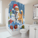 Shiba Inu Running in Snow with Christmas Hat Shower Curtain<br><div class="desc">A spirited Shiba Inu runs joyfully through the snowy winter scene,  wearing a festive red Christmas hat. This charming design highlights the breed’s foxlike face,  curled tail,  and confident personality while capturing the warmth and joy of the holiday season. A delightful winter moment full of festive cheer.</div>