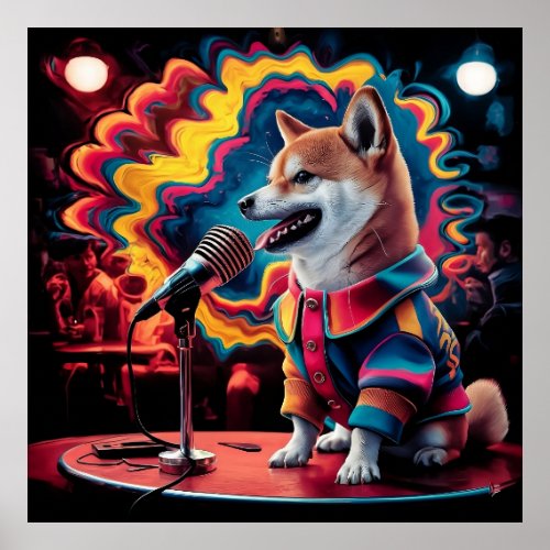 Shiba Inu Singing Karaoke Bar 60s  Poster