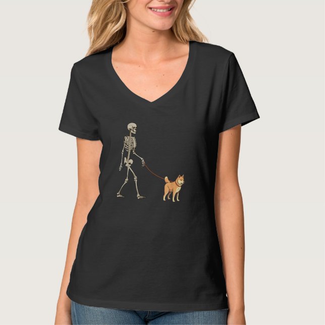 Shiba Inu Skeleton Dog Walking Halloween Dog T-Shirt (Front)