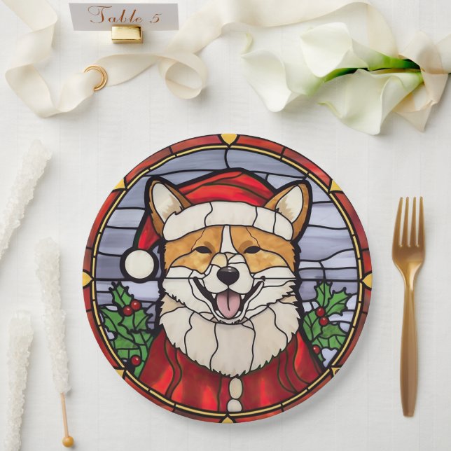 Shiba Inu Stained Glass Christmas  Paper Plates (Wedding)