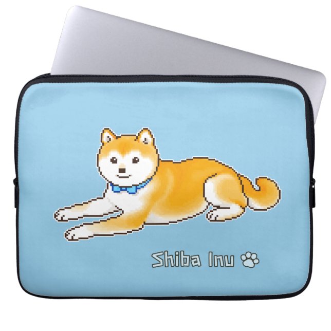 Shiba Inu With A Light Blue Collar Pixel Art Laptop Sleeve (Front)