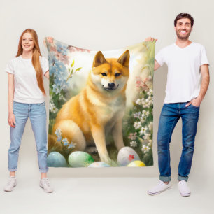 Shiba Inu with Easter Eggs Holiday  Fleece Blanket