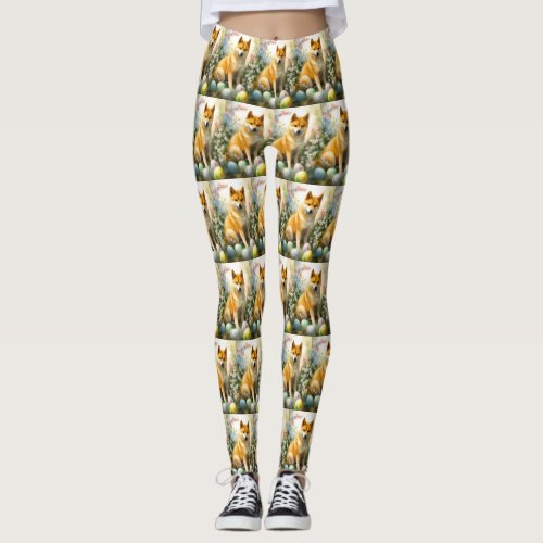 Shiba Inu with Easter Eggs Holiday  Leggings
