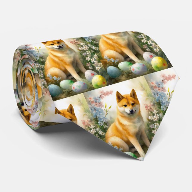 Shiba Inu with Easter Eggs Holiday  Neck Tie (Rolled)