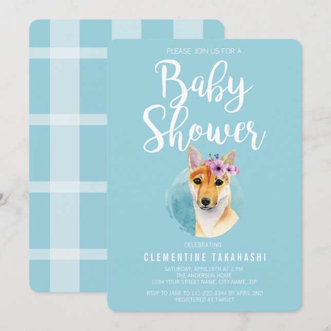 Shiba Inu with Flower Crown | Baby Shower Blue Invitation (Front/Back)