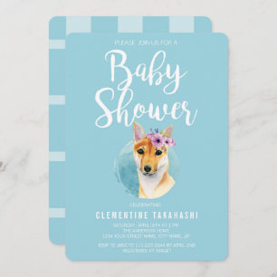 Shiba Inu with Flower Crown   Baby Shower Blue Invitation