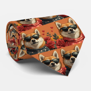 Shiba Inu with Heart Roses Valentine's Day Neck Tie