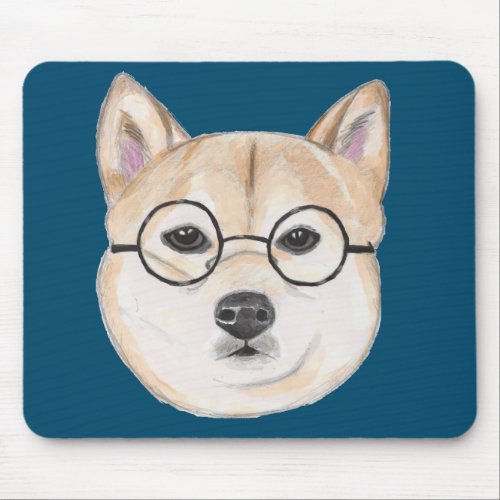 Shiba Inu with Oversized Round Framed Glasses Mouse Pad