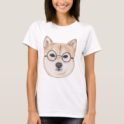 Shiba Inu with Oversized Round Framed Glasses T_Shirt