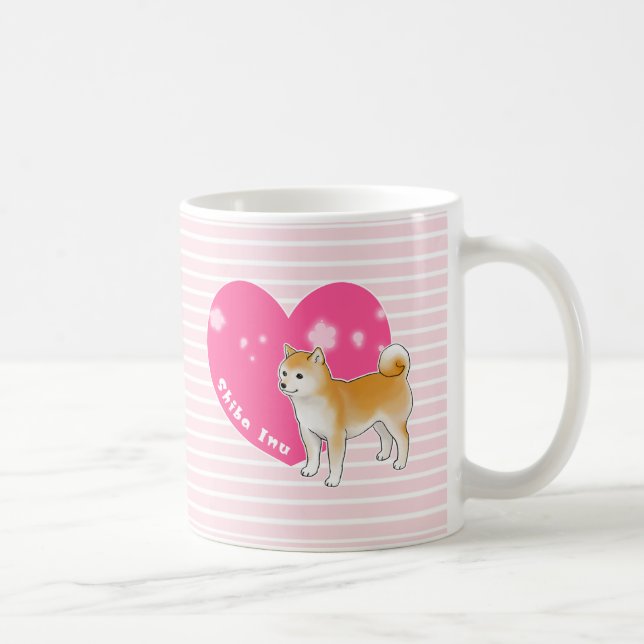 Shiba Inu with Pink Heart and Stripes Coffee Mug (Right)