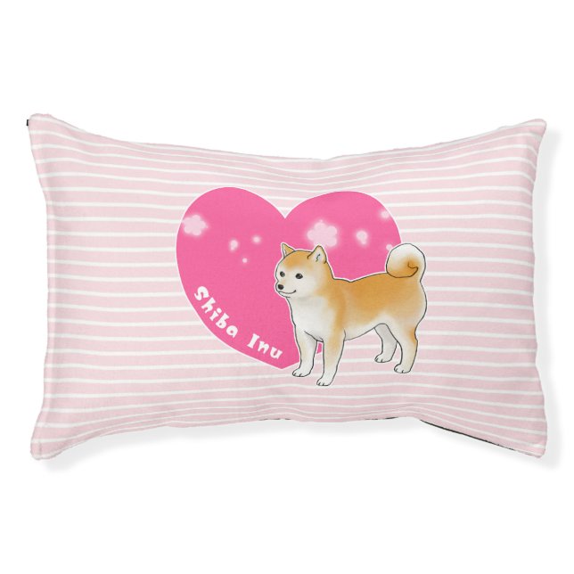 Shiba Inu with Pink Heart and Stripes Pet Bed (Front)