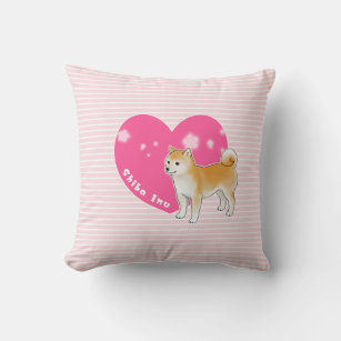 Shiba Inu with Pink Heart and Stripes Throw Pillow