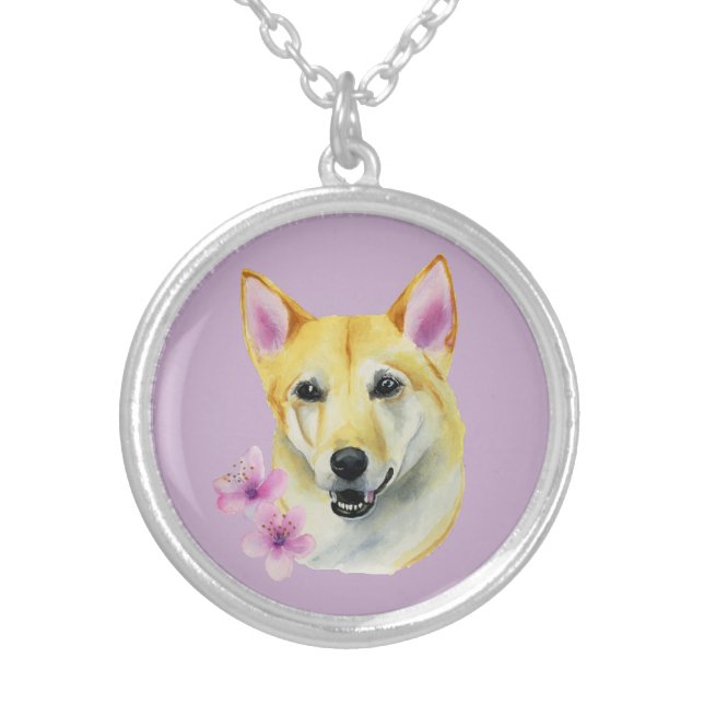 Shiba Inu with Sakura Watercolor Painting Silver Plated Necklace (Front)