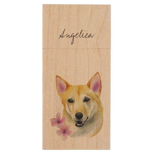 Shiba Inu with Sakura Watercolor Painting Wood Flash Drive (Back (Vertical))