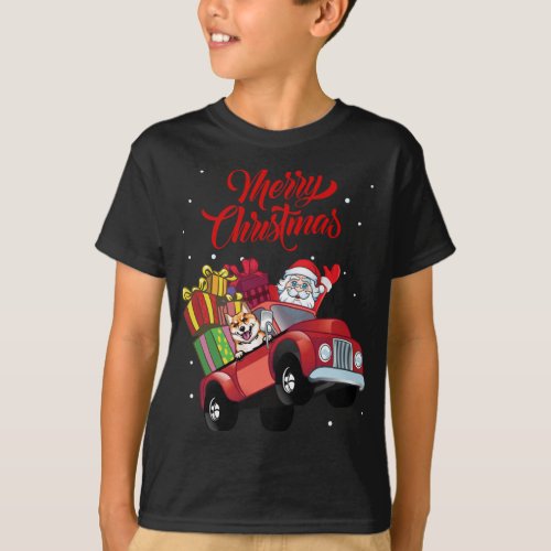 Shiba Inu With Santa Claus In Red Truck Dog T_Shirt