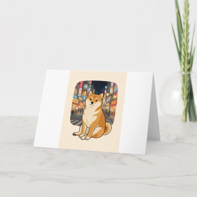 Shiba Neon City Night Greeting Card