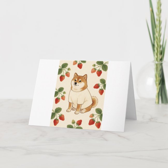 Shiba Strawberry Picking Greeting Card