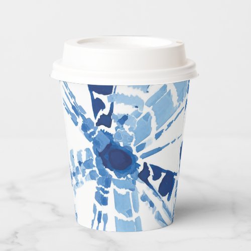 Shibori blue and white watercolor tie dye sunburst paper cups