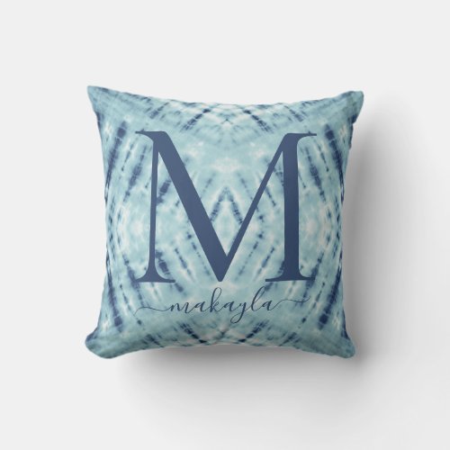 Shibori Blue Tie_Dye Monogram Name Throw Pillow