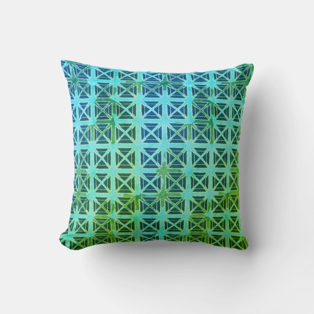 Shibori Fabric Boho Blue Green Tie Dye Pillow (Front)