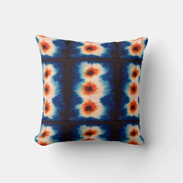 Shibori Fabric Boho Blue Orange Tie Dye Pillow (Front)