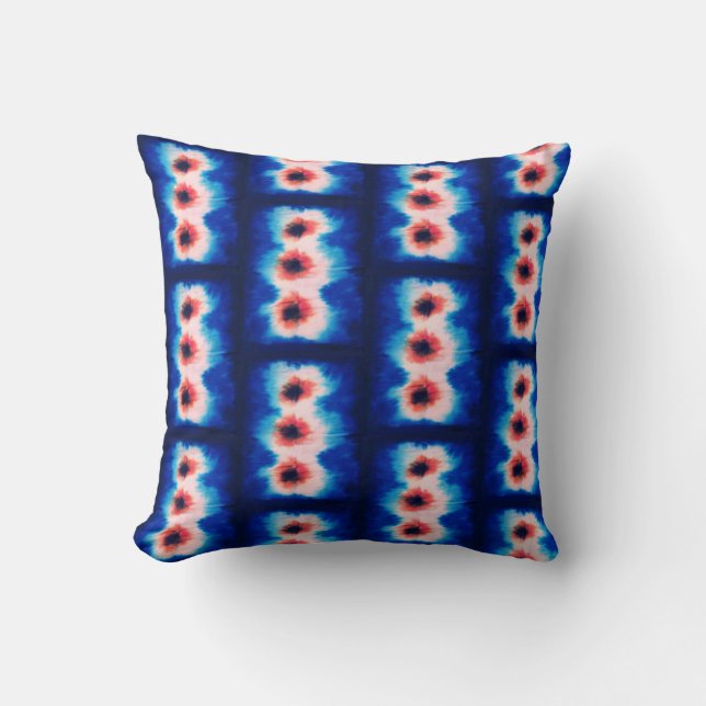 Shibori Fabric Boho Blue Orange Tie Dye Pillow (Front)