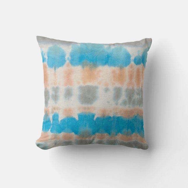 Shibori Fabric Boho Blue Orange Tie Dye Pillow (Front)