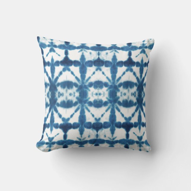 Shibori Indigo Blue Tie Dye Abstract Throw Pillow (Front)