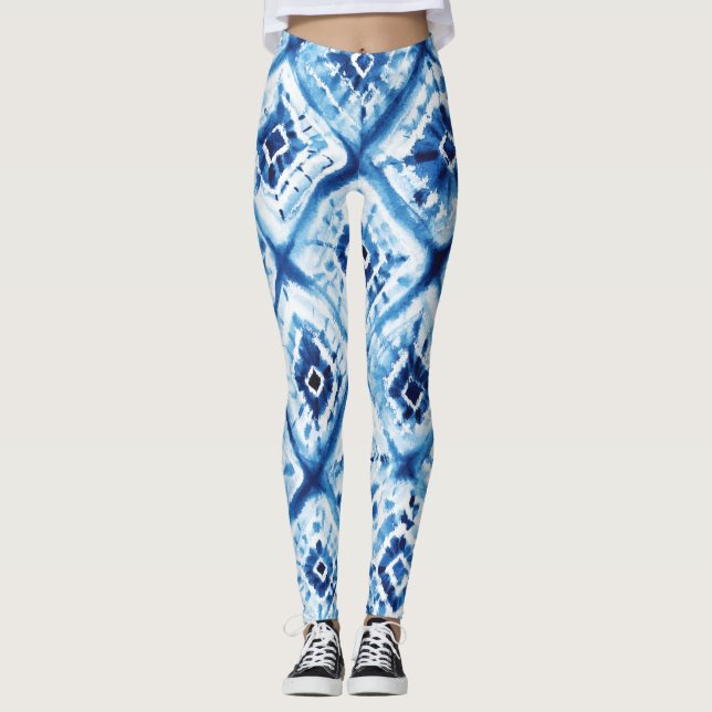 Shibori Indigo Blue Tie Dye Twist Pattern Leggings (Front)