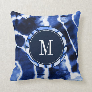 Shibori Indigo Blue Tie Dye Watercolor Monogram Throw Pillow