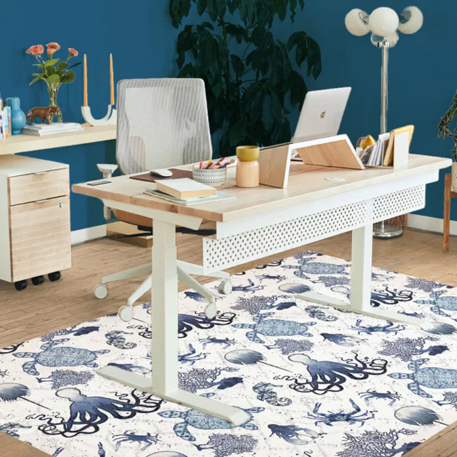 Shibori Sea Turtle Octopus Seahorse Navy Blue Rug | Zazzle
