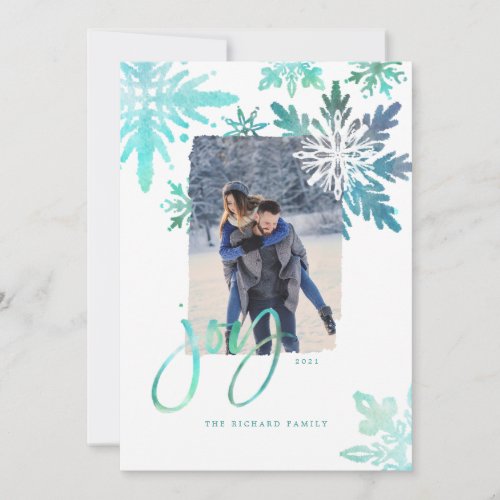 Shibori Tie Dye Aqua Green Snowflakes Photo Holiday Card