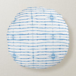 Shibori Tie Dye Blue Line Pattern Round Pillow