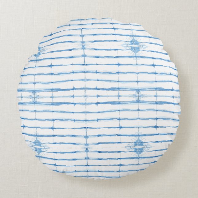 Shibori Tie Dye Blue Line Pattern Round Pillow (Front)