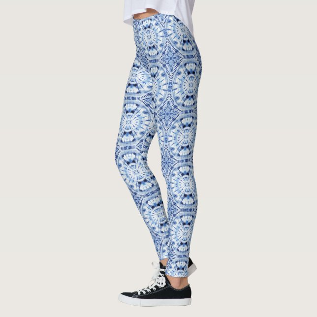 Shibori Tie Dye Blue White Indigo Asian Influence Leggings (Left)