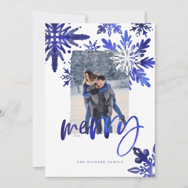 Shibori Tie Dye Indigo Blue Snowflakes Photo Holiday Card (Front)