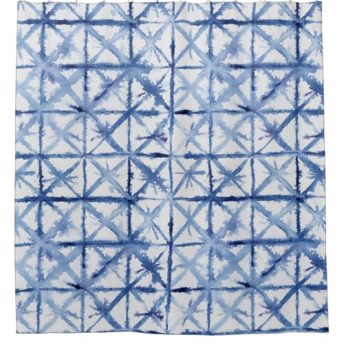 Shibori Tie Dye Indigo Blue X Pattern Watercolor Shower Curtain