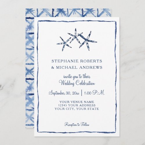 Shibori Tie Dye Indigo Watercolor Starfish Beach Invitation