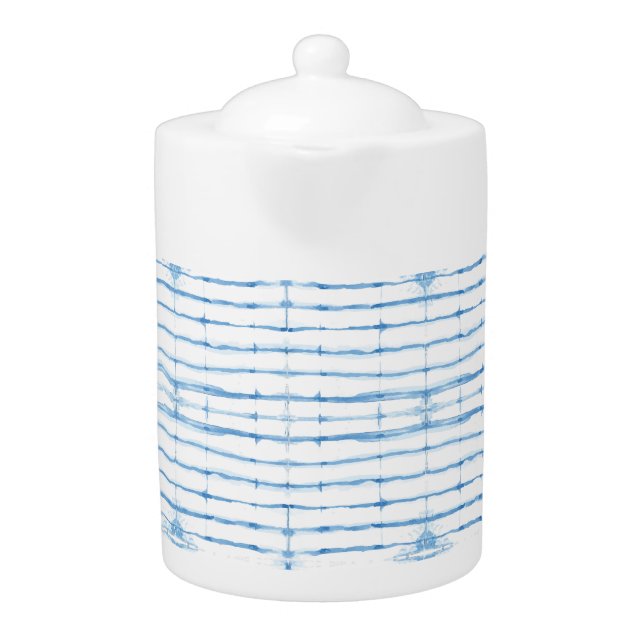 Shibori Tie Dye Line Pattern Blue Teapot (Front)