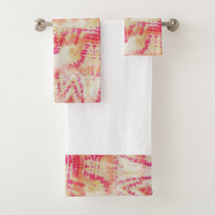 Shibori Tie Dye Pink Orange Boho Bath Towel Set