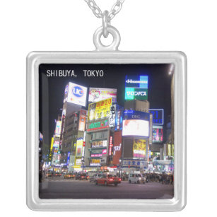 Shibuya City Lights Night in Tokyo Japan Silver Plated Necklace