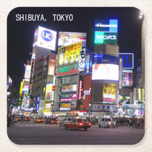 Shibuya City Lights Night in Tokyo Japan Square Paper Coaster