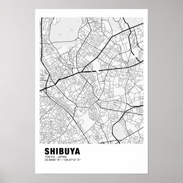 Shibuya Map Poster - Tokyo White Map (Front)