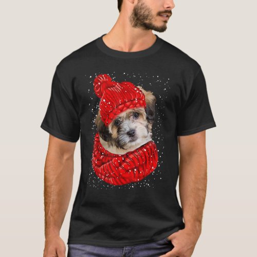 Shichon Red Winter Hat Christmas Scarf Dog T_Shirt