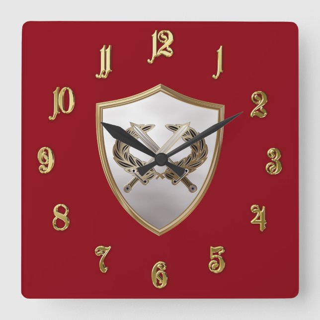 Shield and swords square wall clock (Front)