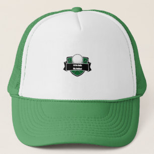 Shield Emblem Design With Golf Ball and Clubs Trucker Hat