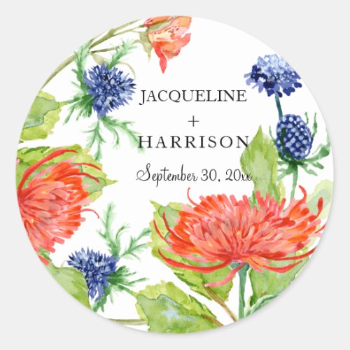 Shield Floral Watercolor Chrysanthemum Thistle Classic Round Sticker