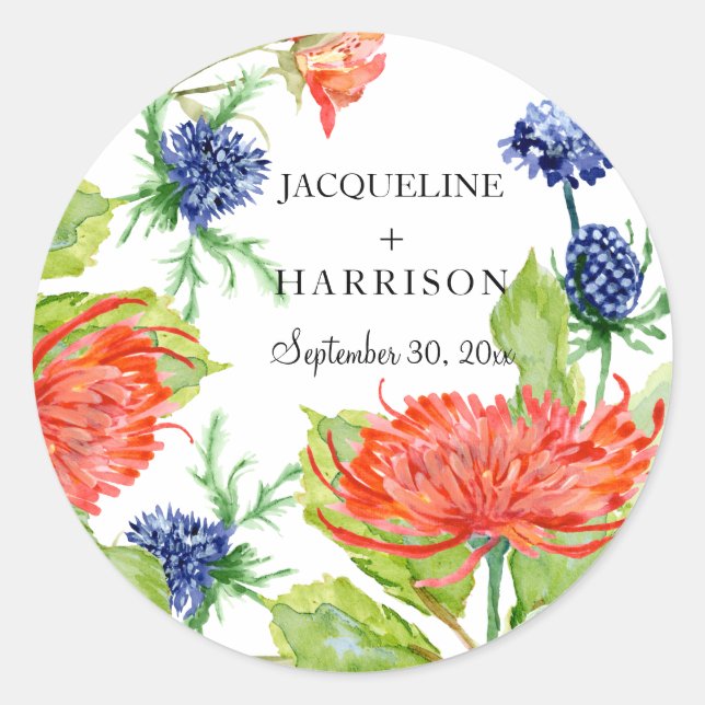 Shield Floral Watercolor Chrysanthemum Thistle Classic Round Sticker (Front)