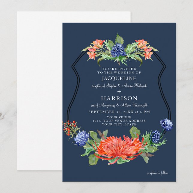 Shield Floral Watercolor Summer Navy Mum Thistle Invitation (Front/Back)