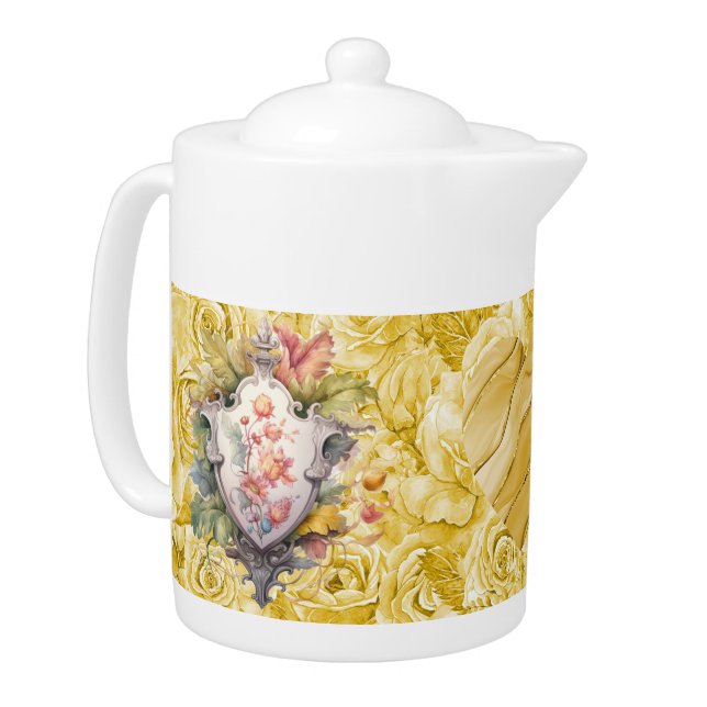 Shield of Faith on Gold Roses Porcelain Teapot (Left)